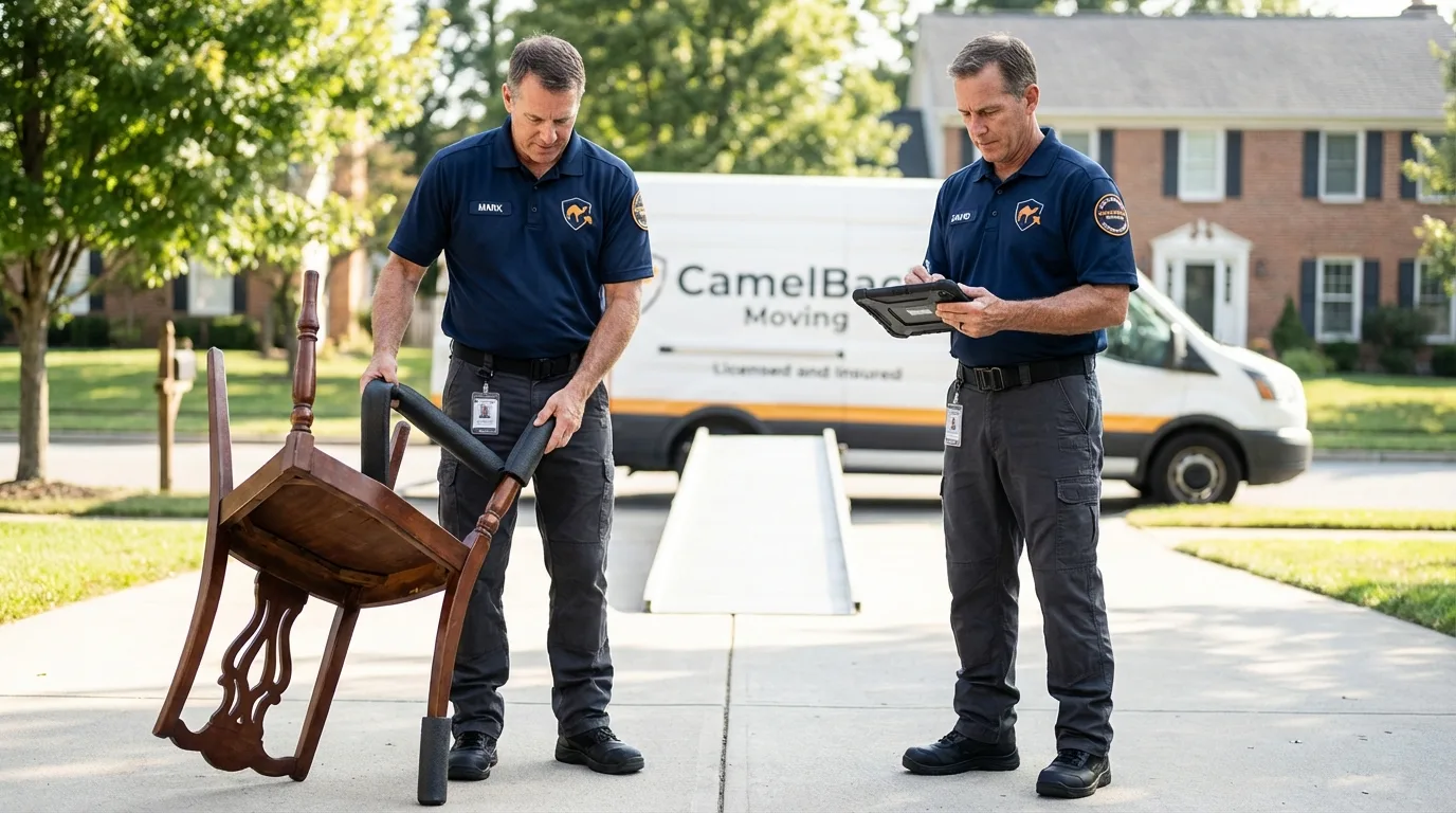 Movers inspecting furniture for damage prevention before loading in Houlton, ME