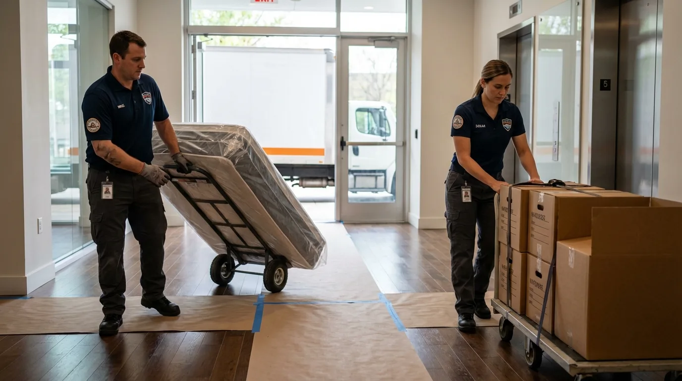 Professional apartment movers loading elevator in Houlton, ME