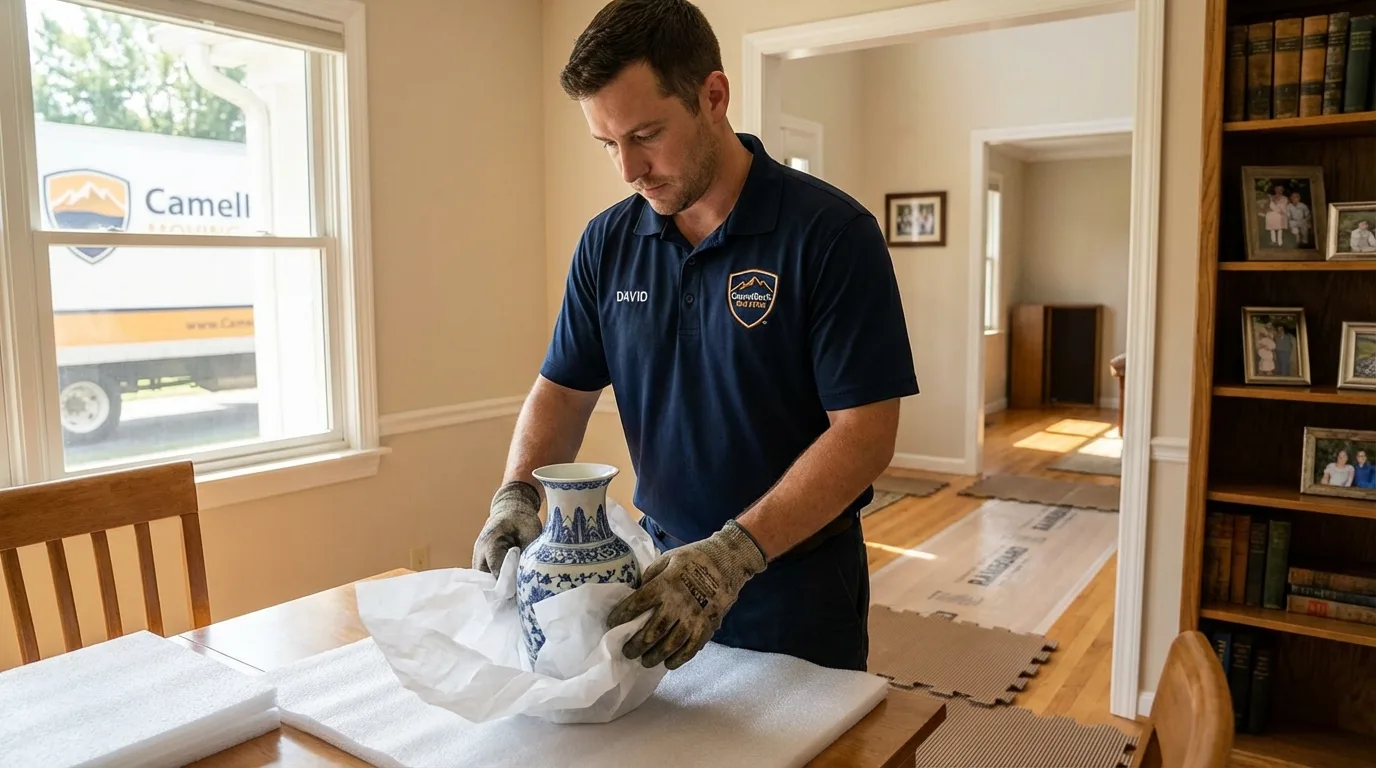 Professional crew carefully wrapping antique vase for senior downsizing move in Houlton, ME